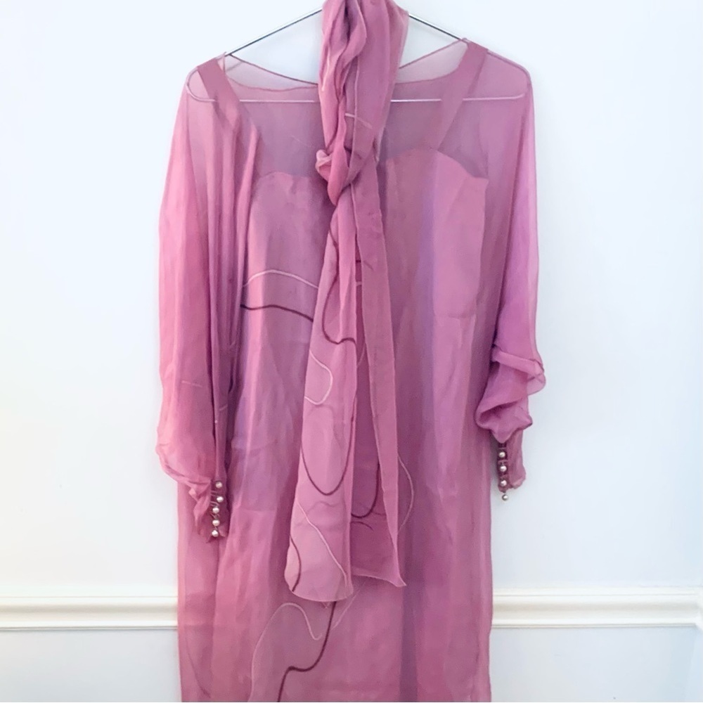 KARIE PATTERSON For SANSAPPELLE Satin Slip Dress, Caftan Silk Overlay, Shawl - Picture 6 of 11
